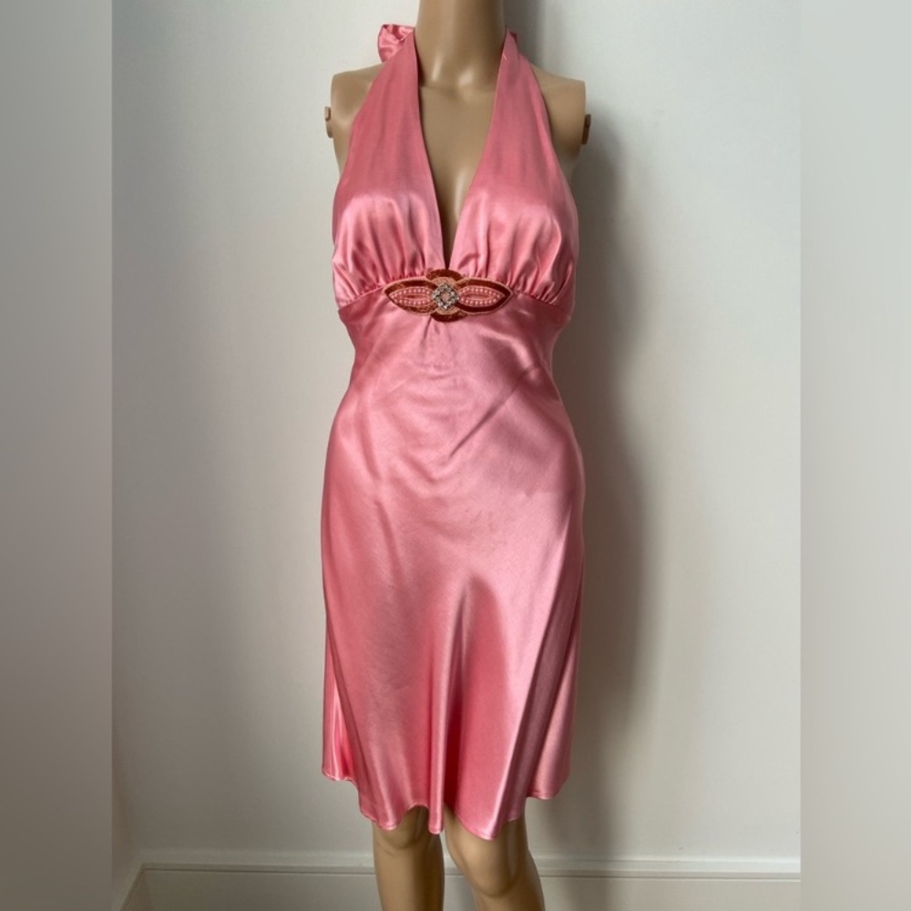 Pink satin halter dress